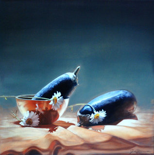 Aubergines et marguerites